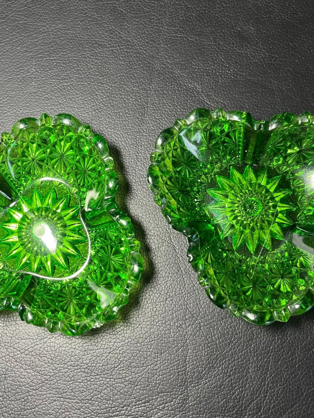 2 Vintage Pressed Glass Decorative Bowls Dark Avocado Green Small for Jewelry